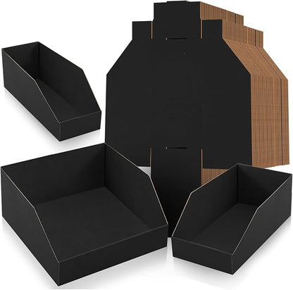Fuyoooo 30 Pack 12 x 4/6/8 x 4.5 Inches Cardboard Storage Bins Open Top Bin Boxes Black Corrugated Shelf Organizer Bins for Pantry, Parts, Garage, Snacks, Bottles, Cans or Warehouse Home Cubby
