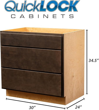 Quicklock RTA (Ready-to-Assemble) | Base Kitchen Cabinets - Shaker Style | Made in America (Espresso Stain, 30" W x 34.5" H x 24" D 3 Drawer Pots and Pans)