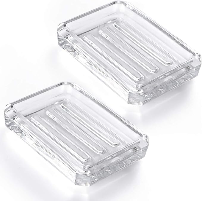 MDLUU 2-Pack Glass Bar Soap Dish, Decorative Soap Saver Tray for Shower, Bathtub, Bathroom Sink, Kitchen Sink (Square)