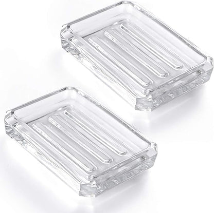 MDLUU 2-Pack Glass Bar Soap Dish, Decorative Soap Saver Tray for Shower, Bathtub, Bathroom Sink, Kitchen Sink (Square)