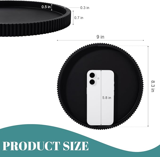 Silicone Bathroom Tray Round Kitchen Counter Organizer Decorative Vanity Accessories Coffee Table Decor for Perfume, Candle, Soap Dish, 9 Inch, Black