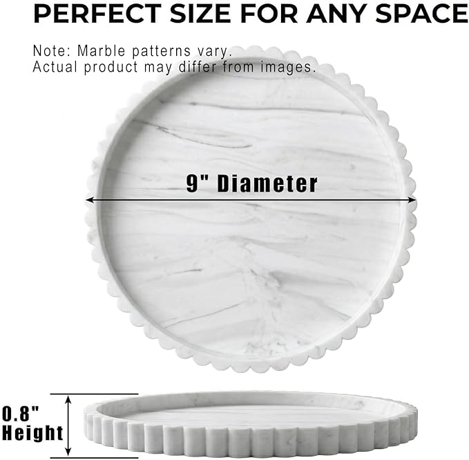 Round Silicone Bathroom Vanity Tray, Decorative Organizer for Soap, Perfume, Candle, Kitchen Countertop, Coffee Table Decor (White Marble, 9")
