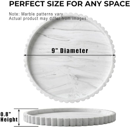 Round Silicone Bathroom Vanity Tray, Decorative Organizer for Soap, Perfume, Candle, Kitchen Countertop, Coffee Table Decor (White Marble, 9")