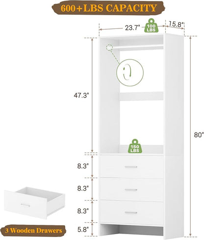 Aheaplus 2FT Closet System with 3 Drawers, 24’’ Closet Organizer, Wood Closet Organizer System, Walk-in Closet or Small Closets Wardrobe, Clothes Rack with Hanging Rods,-E6, White