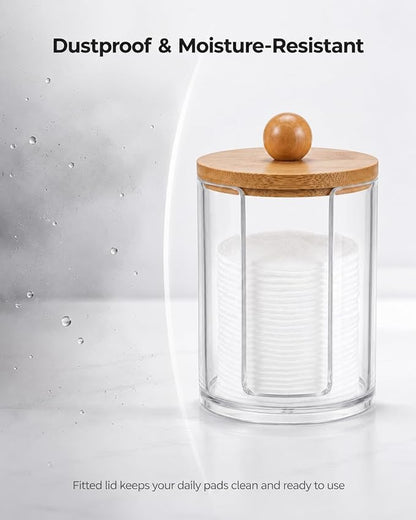 Cotton Round Holder with Bamboo Lid - 10oz Clear Plastic Cotton Pad Dispenser with U-Shaped Side Slot, Shatterproof Apothecary Jar for Makeup Remover Pads, Bathroom Vanity Countertop Storage