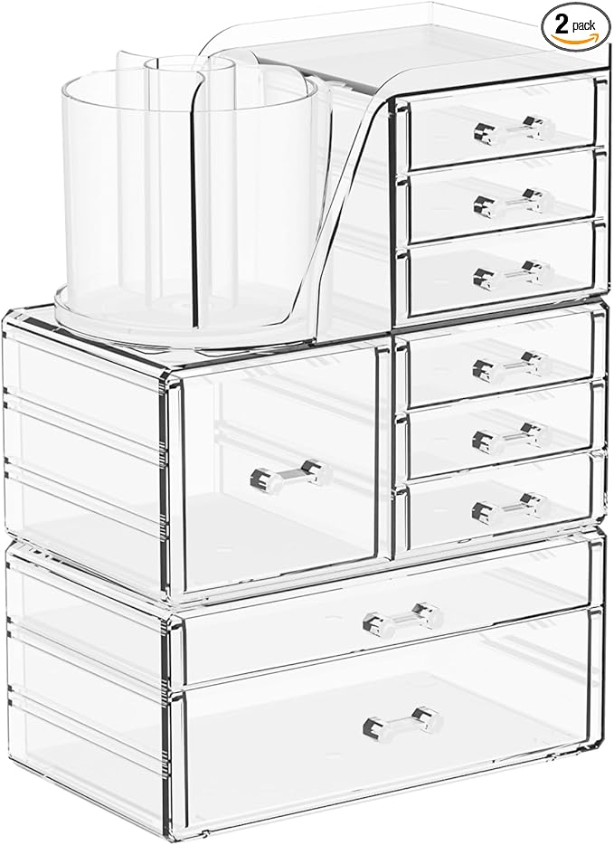 SuoXing 3 Pack Clear Acrylic Makeup Organizer for Vanity With 9 Drawer, Skincare Organizers Countertop With Make up Brush Holder,Bathroom Make up Drawer Storage for Beauty,Hair Accessories Organizer | Cute, with Brush Holder, Lipstick