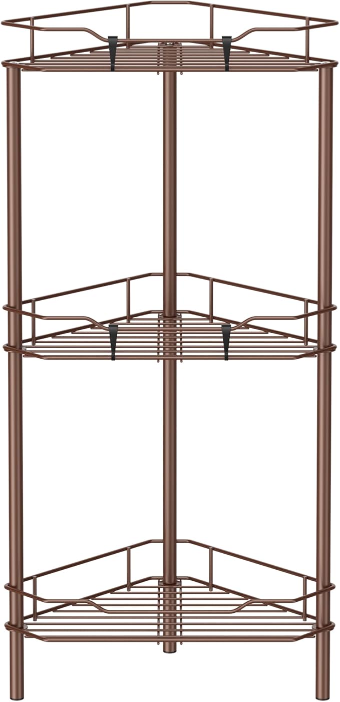 HuggieGems 3 Tier Floor Standing Corner Shower Caddy Organizer Shelf with Hooks, Bathroom Shelves Stand Rack, Coffee