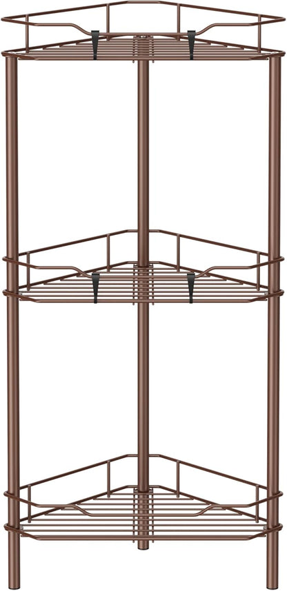 HuggieGems 3 Tier Floor Standing Corner Shower Caddy Organizer Shelf with Hooks, Bathroom Shelves Stand Rack, Coffee