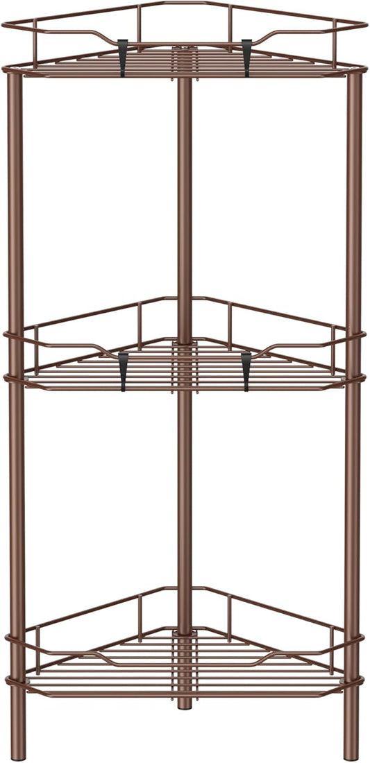 HuggieGems 3 Tier Floor Standing Corner Shower Caddy Organizer Shelf with Hooks, Bathroom Shelves Stand Rack, Coffee