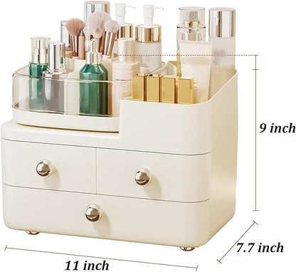 Makeup Organizer with Drawers and 360° Rotating Brush Holder,make up organizers for counter,Large Capacity Cosmetic Storage for Vanity,Skincare,Perfume