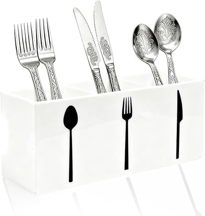 Acrylic Cutlery Storage Organizer Bin,3 Section Silverware Caddy with Spoon Fork Organizer, Clear Plastic Utensil Holder for Kitchen Countertop, Cabinet, Dining Room (White)