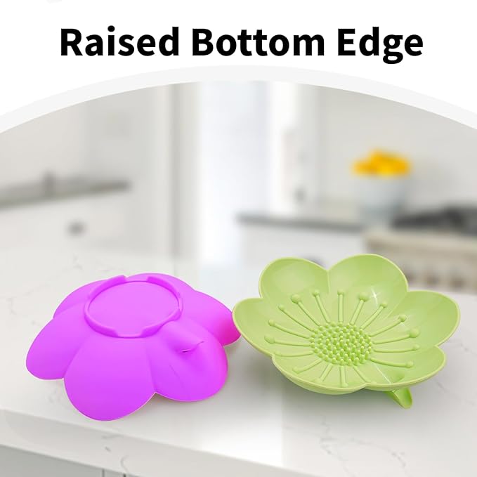 Soap Dishes 2 Pack Self Draining XL Bar Shower Steamer Holder Tray, Silicone Flexible Flower Soap Saver for Counter Bathtub Sink Bathroom Decor with Drainage Mirror Surface Easy Clean Green/Rose Pink