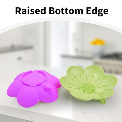 Soap Dishes 2 Pack Self Draining XL Bar Shower Steamer Holder Tray, Silicone Flexible Flower Soap Saver for Counter Bathtub Sink Bathroom Decor with Drainage Mirror Surface Easy Clean Green/Rose Pink