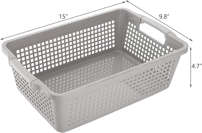 Hedume 4 Pack Plastic Storage Baskets with Handle, 15”x9.8”x4.7” Pantry Storage Bins, Closet Baskets, Large Organization Basket for Nursery, School, Office