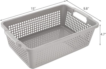 Hedume 4 Pack Plastic Storage Baskets with Handle, 15”x9.8”x4.7” Pantry Storage Bins, Closet Baskets, Large Organization Basket for Nursery, School, Office