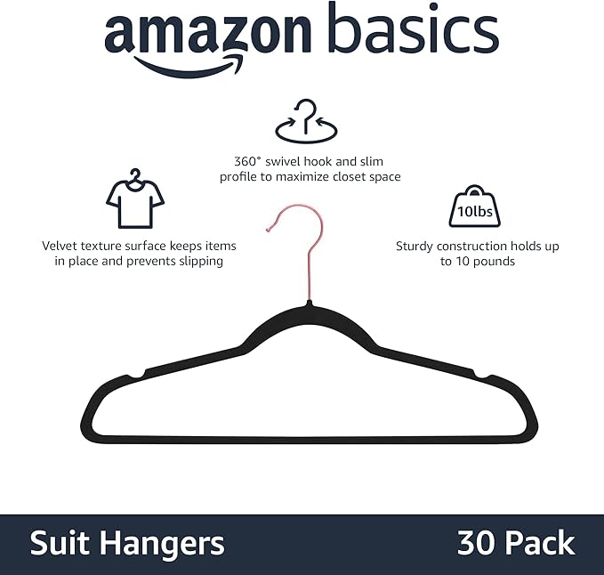 Amazon Basics Slim Velvet Non-Slip Space Saving Sturdy Suit Clothes Hangers, Closet Organizer, Black/Rose Gold, 30-Pack