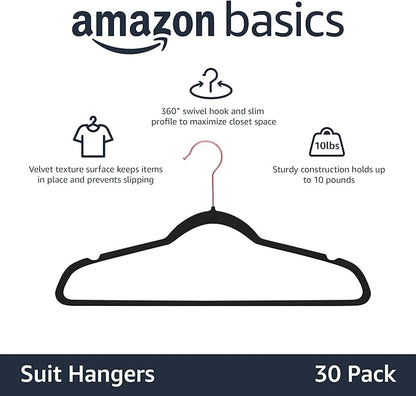 Amazon Basics Slim Velvet Non-Slip Space Saving Sturdy Suit Clothes Hangers, Closet Organizer, Black/Rose Gold, 30-Pack