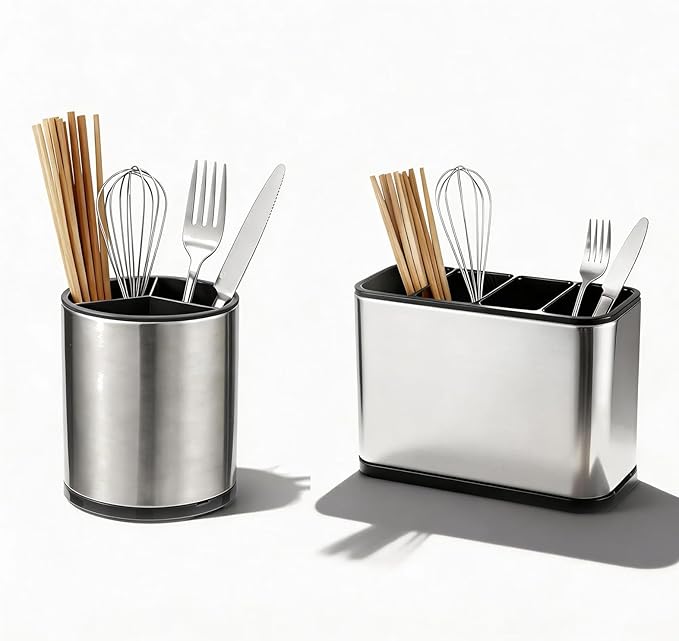2 Pack Rotating Utensil Holder, 360° Spinning Stainless Steel Kitchen Utensil Holder, Countertop Cutlery Organizer Caddy with Removable Base for Forks, Knives, Spoons, Silver