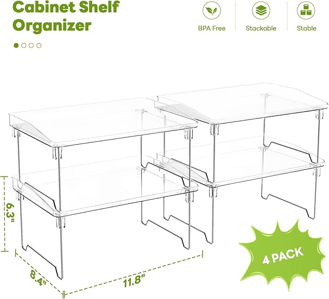 STARLATTA Acrylic Cabinet Organizer Shelf,4 Pcs Stackable Kitchen Counter Shelves,Spice Rack,Countertop Organizers,Clear Plastic Storage Organization for Makeup，Bathroom,Cupboard,Desk,Pantry
