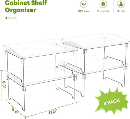 STARLATTA Acrylic Cabinet Organizer Shelf,4 Pcs Stackable Kitchen Counter Shelves,Spice Rack,Countertop Organizers,Clear Plastic Storage Organization for Makeup，Bathroom,Cupboard,Desk,Pantry