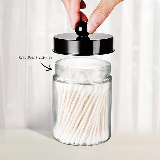 3PC Farmhouse Decor Qtip Holder Apothecary Jars Bathroom Vanity Storage Organizer -Countertop Canister Container &Cute Stickers for Cotton Swab, Ball,Pad,Floss,Paper Clips (Black)