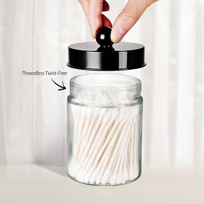 3PC Farmhouse Decor Qtip Holder Apothecary Jars Bathroom Vanity Storage Organizer -Countertop Canister Container &Cute Stickers for Cotton Swab, Ball,Pad,Floss,Paper Clips (Black)