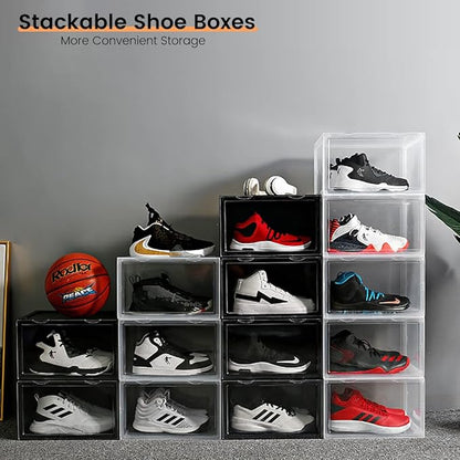 Shoe Boxes Clear Plastic Stackable, Harder Shoe Storage Boxes with Lids, Powerful Load-Bearing, Space Saving and Easy Assembly for Kids Men Women (Black)