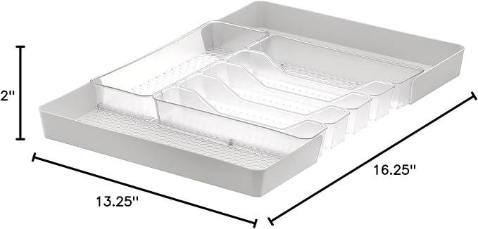 Spectrum Diversified Hexa Expandable Divided Drawer Organizer Tray Modern Kitchen Cutlery, Utensil, Silverware Holder, Cabinet Storage, 13 x 16, Clear Frost/Stone Gray (Pack of 2)