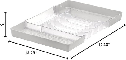 Spectrum Diversified Hexa Expandable Divided Drawer Organizer Tray Modern Kitchen Cutlery, Utensil, Silverware Holder, Cabinet Storage, 13 x 16, Clear Frost/Stone Gray (Pack of 2)