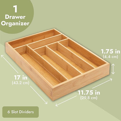 Juvale Kitchen Drawer Organizer Tray - 17 x 11.75 x 1.75 in, Natural Wood, 6-Slot Utensil & Cutlery Organizer - Silverware Holder & Storage Tray