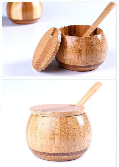 Wood Salt Box Condiment Container Spice Jar Bamboo Salt Sugar Cellar Bowl with Lids and Spoons for Kitchen (Bamboo)