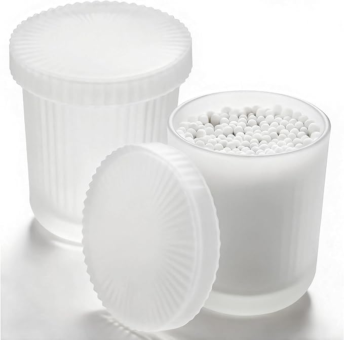 Glass Qtip Dispenser 2 Pack, Clear Bathroom Storage Organizer for Cotton Swabs, Balls, Pads & Floss Picks, Vanity Makeup Essential Accessories (Frosted white)