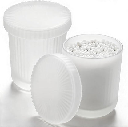 Glass Qtip Dispenser 2 Pack, Clear Bathroom Storage Organizer for Cotton Swabs, Balls, Pads & Floss Picks, Vanity Makeup Essential Accessories (Frosted white)