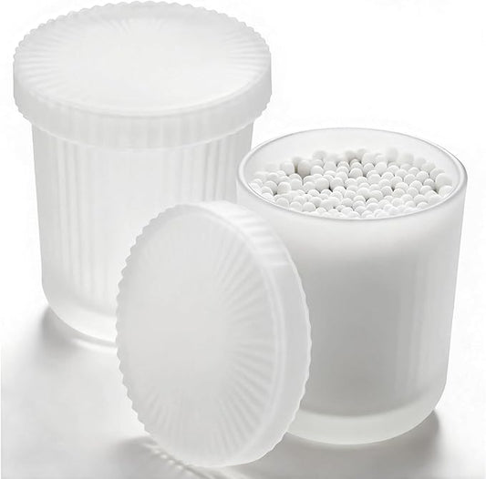 Glass Qtip Dispenser 2 Pack, Clear Bathroom Storage Organizer for Cotton Swabs, Balls, Pads & Floss Picks, Vanity Makeup Essential Accessories (Frosted white)