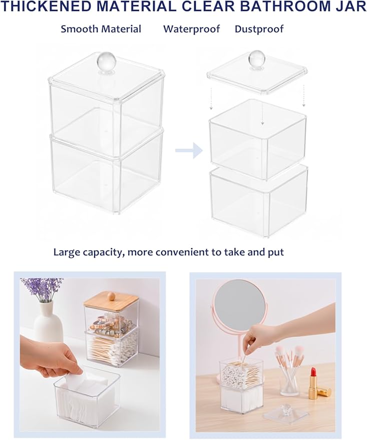Cotton Swab Holder with Clear Plastic Lid, Double Layer Cotton Bud Dispenser, Premium Plastic Organizer for Guest Bathroom Vanity, Floss Pick & Hair Tie Storage Container