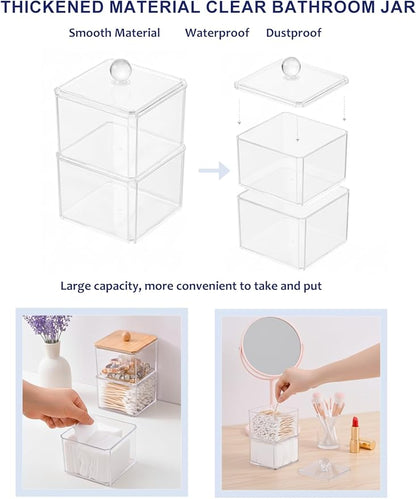 Cotton Swab Holder with Clear Plastic Lid, Double Layer Cotton Bud Dispenser, Premium Plastic Organizer for Guest Bathroom Vanity, Floss Pick & Hair Tie Storage Container