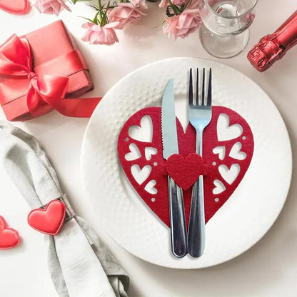 8 Pcs Valentine Hollow Heart Flatware Holder Cutlery Bags Red Valentine's Day Silverware Felt Tableware Holder Pocket Knife Fork Covers for Wedding Birthday Mother's Day Party Table Setting Decor