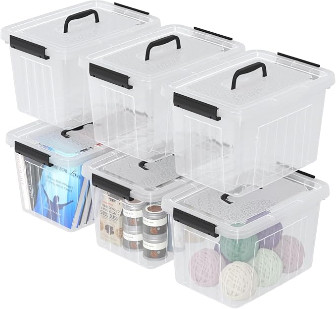 12 Quart Clear Storage Bins with Latching Lids, Stackable Plastic Containers with Handles for Organization, 6-Pack