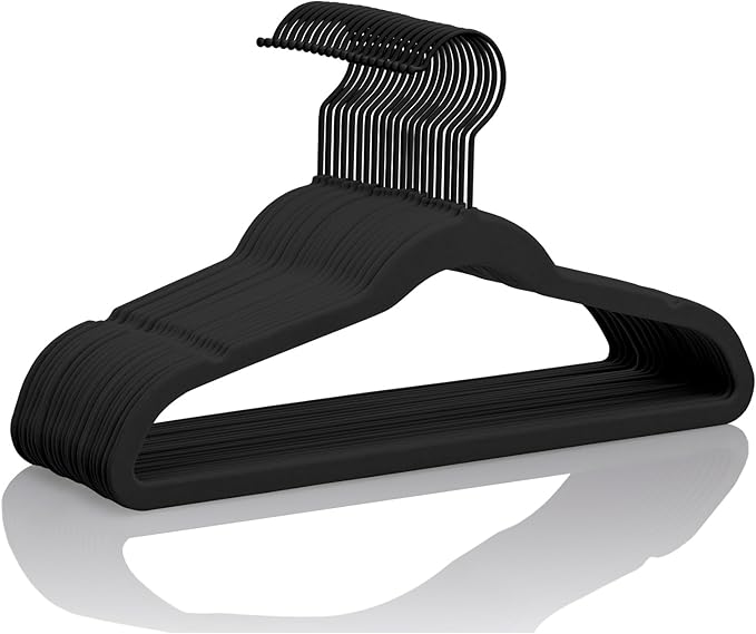 MIZGI Kids Velvet Hangers,Non-Slip Big Kids Hangers,14 Inch Hangers for Youth,Teen Clothes,Pack of 50（Black/Black）