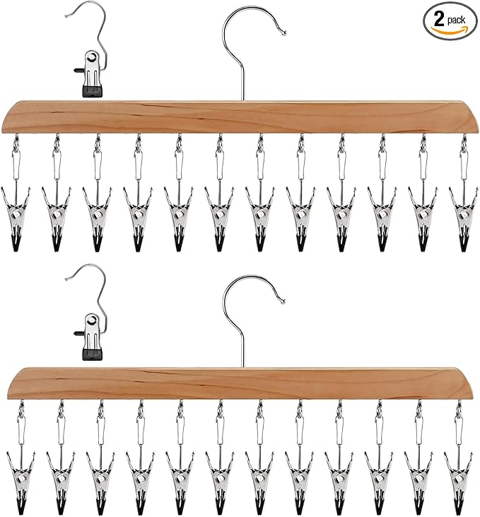 Legging Organizer for Closet - 24 Clips Yoga Pants Hangers Space Saving, Wood Hanging Closet Organizers and Storage for Leggings, Jeans, Skirts, Hats, Shorts, Socks - 360° Rotating（2 Pack Wood）