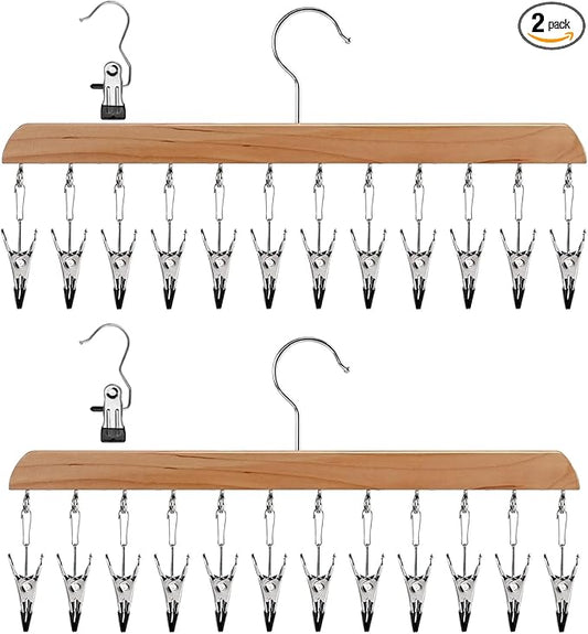 Legging Organizer for Closet - 24 Clips Yoga Pants Hangers Space Saving, Wood Hanging Closet Organizers and Storage for Leggings, Jeans, Skirts, Hats, Shorts, Socks - 360° Rotating（2 Pack Wood）