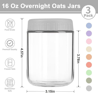 Overnight Oats Containers with Lids, 16oz Wide Mouth Mason Jars with Lids, 3 Pack Glass Jars with Airtight lid for Chia Pudding Yogurt Salad, Meal Prer Oatmeal Jars, Gray