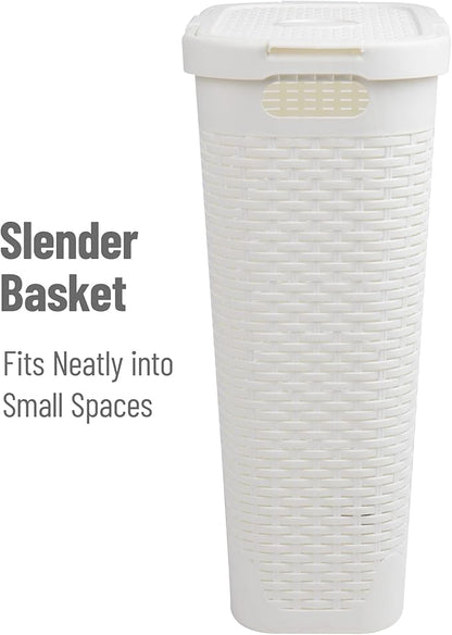 Mind Reader Slim Laundry Hamper with Lid, 40L Clothes Basket, Narrow Tapered Design with Ventilated Cutout Pattern, Plastic, White