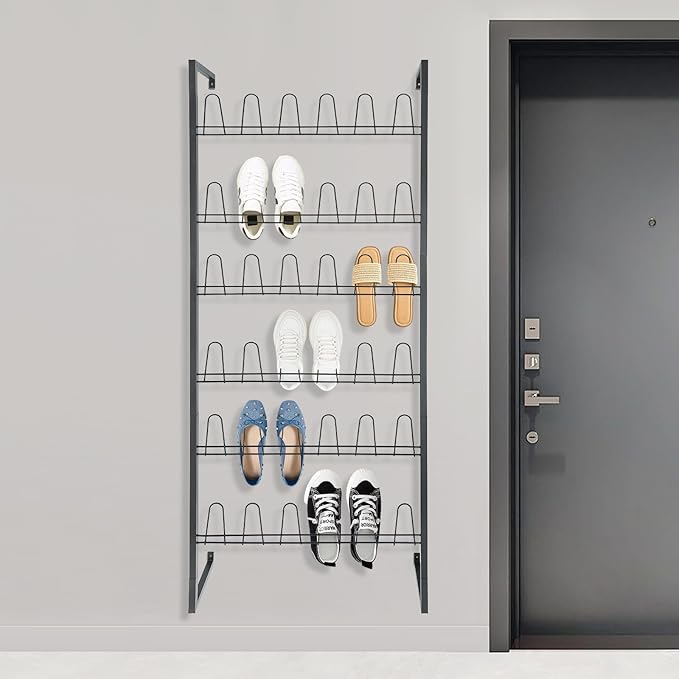 Wall Mounted Metal Shoe Rack Organizer, 6-Tier Iron Hanging Shoe Storage, Shoe Shelf Holds 18 Pairs of Shoes, Shoe Storage Rack for Entryway, Bedroom, Closet, Garage (Black, 6-Tier)