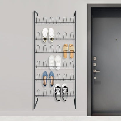 Wall Mounted Metal Shoe Rack Organizer, 6-Tier Iron Hanging Shoe Storage, Shoe Shelf Holds 18 Pairs of Shoes, Shoe Storage Rack for Entryway, Bedroom, Closet, Garage (Black, 6-Tier)