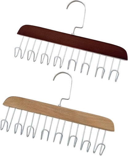 2 Wooden Belt Holder - Multifunctional Wooden Belt Hanger with 8 Metal Hooks - Wood Tie Scarf Rack Holder Hangers Organizer | for Hanging Belts,Tie,Scarves,neckties