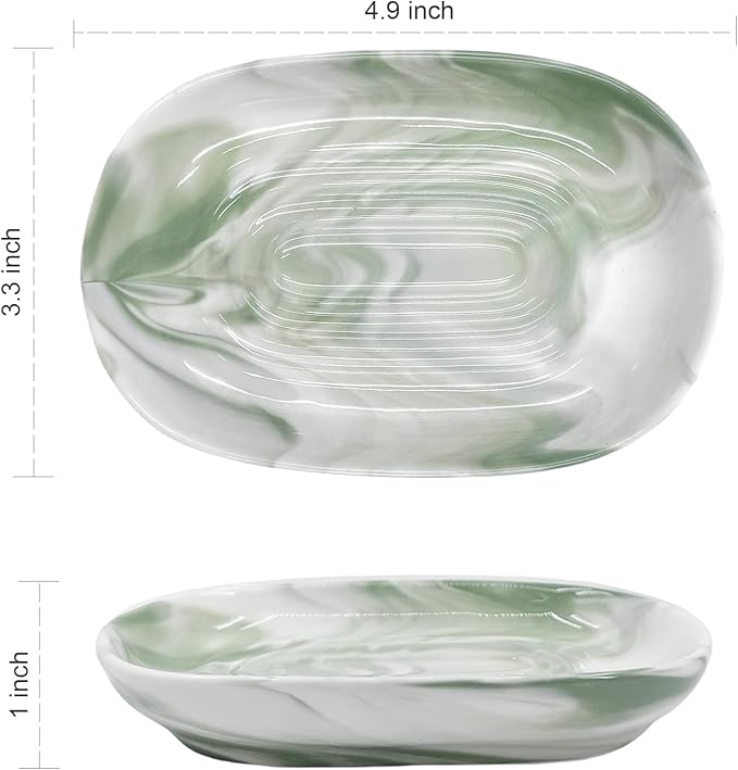 Ceramic Marble Pattern Soap Dish, Textured Raised Soap Saver Tray for Shower Bathroom Kitchen Sink Vanity, Easy to Clean Multi-Use Holder for Bar Soap Jewelry Rings Keys, Green (1 Pack)