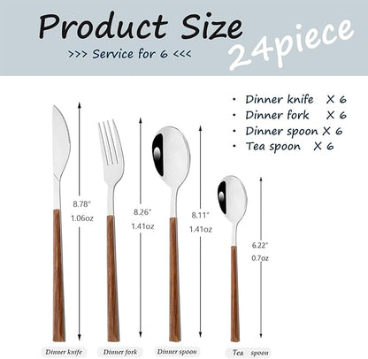 24piece Silverware Set with Hanging Holder, Stainless Steel Tableware Set With Cutlery Storage Rack, Decent Gift Box For Housewarming, Party, Dining - Brown Silver, set of 6