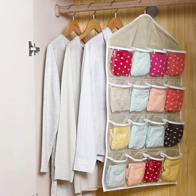 16-Pockets Jewelry Organizer Over Door Hanging Storage Bag Holder Hanging Bag Rack Hanger Space Saver Bags for Earrings Necklace Bracelet Ring Display Pouch Socks Bra Underwear Pink