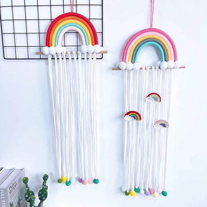 Rainbow Tassels Hair Bows Holder Hanging Baby Hair Accessories Storage Headband Holder Hair Clips Organizer Rainbow Hairpins Hanger Wall Hanging Rainbow Decoration